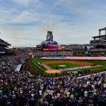 A general view of the field during the singing of the national anthem after player introductions before the home opener of the Colorado Rockies against the Los Angeles Dodgers at Coors Field on April 5, 2019 in Denver, Colorado. (Photo by Dustin Bradford/Getty Images)