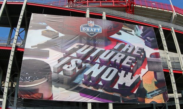 A General View of Nissan Stadium and The Future is Now Banner prior to the 2019 NFL Draft on the Dr...