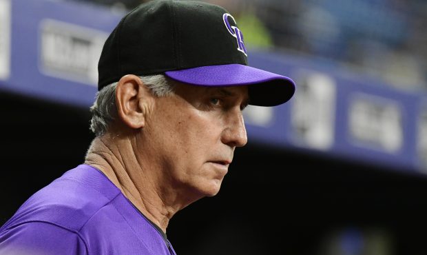 Manager Bud Black #10 of the Colorado Rockies looks on during the fourth inning against the Tampa B...