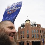 Josh Pugh has a mohawk celebrating the 2019 Opening Day for the Colorado Rockies on April 5, 2019 in Denver, Colorado. Colorado Rockies take on the Los Angeles Dodgers at Coors Field.(Photo by RJ Sangosti/MediaNews Group/The Denver Post via Getty Images)