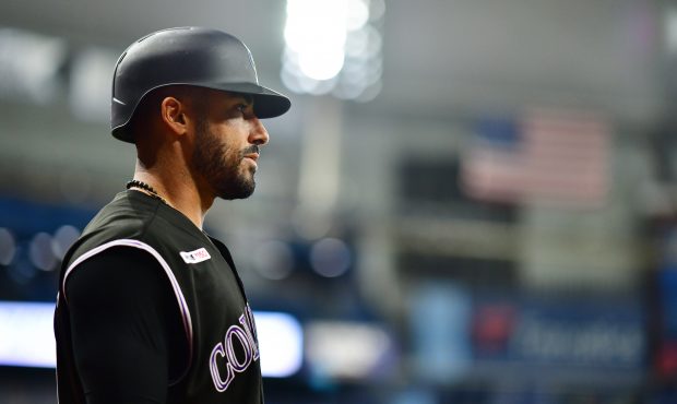 Ian Desmond #20 of the Colorado Rockies looks on during a game against the Tampa Bay Rays at Tropic...