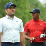 Francesco Molinari of Italy and Tiger Woods of the United States walk off the fifth tee during the final round of the Masters at Augusta National Golf Club on April 14, 2019 in Augusta, Georgia. (Photo by Andrew Redington/Getty Images)