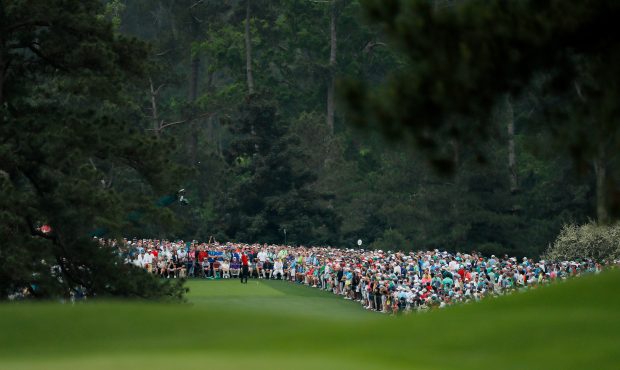 Patrons watch as Tiger Woods of the United States plays a shot from the eighth tee during the final...