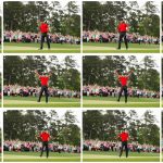 (EDITOR'S NOTE: COMPOSITE IMAGE OF SEQUENCE AVAILABLE AS INDIVIDUAL IMAGES) Tiger Woods of the United States celebrates after making his putt on the 18th green to win the Masters at Augusta National Golf Club on April 14, 2019 in Augusta, Georgia. (Photo by Kevin C. Cox/Getty Images)