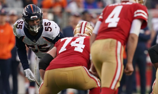 Bradley Chubb #55 of the Denver Broncos lines up against the San Francisco 49ers during their NFL g...