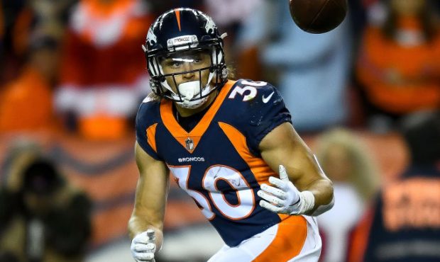 Running back Phillip Lindsay #30 of the Denver Broncos waits for a pass in the first quarter of a g...