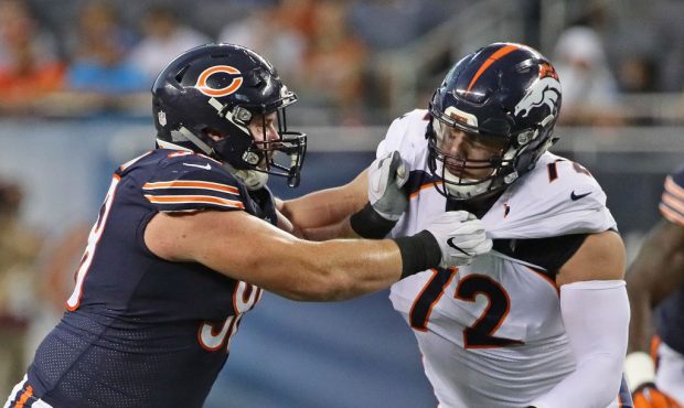 CHICAGO, IL - AUGUST 10:  Mitch Unrein #98 of the Chicago Bears rushes against Garett Bolles #72 of...