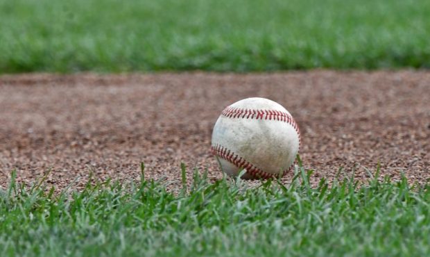 A general view of a baseball on the field during batting practice before game one of the College Wo...