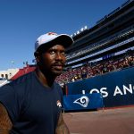 Outside linebacker Von Miller #58 of the Denver Broncos walks back to the locker room after a workout for the pre season game against Los Angeles Rams at Los Angeles Memorial Coliseum on August 24, 2019 in Los Angeles, California. (Photo by Kevork Djansezian/Getty Images)