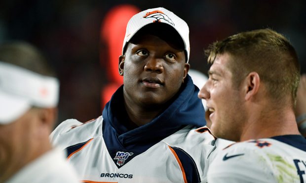 Offensive tackle Ja'Wuan James #70 of the Denver Broncos on the sideline during a pre season game a...