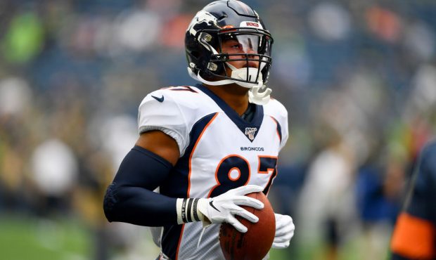 Noah Fant #87 of the Denver Broncos warms up before the preseason game against the Seattle Seahawks...