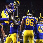 Jalen Greene #3 of the Los Angeles Rams celebrates his touchdown with teammates, to take a 10-6 lead over the Denver Broncos during second half of a preseason game at Los Angeles Memorial Coliseum on August 24, 2019 in Los Angeles, California. (Photo by Harry How/Getty Images)