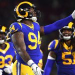John Franklin-Myers #94 of the Los Angeles Rams celebrates his sack with Marquise Copeland #93 and Dakota Allen #51 during second half of a preseason game against the Denver Broncos at Los Angeles Memorial Coliseum on August 24, 2019 in Los Angeles, California. (Photo by Harry How/Getty Images)