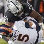P.J. Hall #92 of the Oakland Raiders sacks quarterback Joe Flacco #5 of the Denver Broncos during the fourth quarter of an NFL football game at RingCentral Coliseum on September 9, 2019 in Oakland, California. (Photo by Thearon W. Henderson/Getty Images)