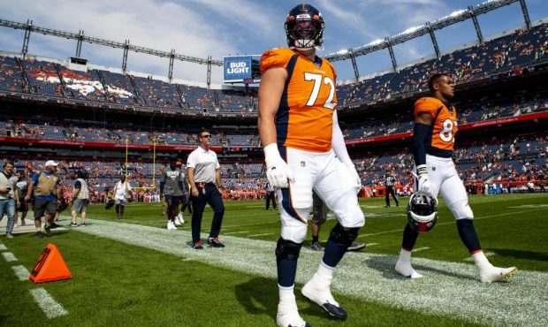 DENVER, CO - SEPTEMBER 15: Garett Bolles #72 of the Denver Broncos walks off the field prior to tak...
