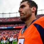 DENVER, CO - SEPTEMBER 15:  Joe Flacco #5 of the Denver Broncos walks off the field after a 16-14 loss to the Chicago Bears at Empower Field at Mile High on September 15, 2019 in Denver, Colorado. (Photo by Dustin Bradford/Getty Images)