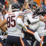 DENVER, CO - SEPTEMBER 15: Eddy Pineiro #15 of the Chicago Bears, center-right, celebrates with teammates after making the game-winning field goal against the Denver Broncos at Empower Field at Mile High on September 15, 2019 in Denver, Colorado. (Photo by Timothy Nwachukwu/Getty Images)