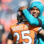 DENVER, CO - SEPTEMBER 29:  Jalen Ramsey #20 of the Jacksonville Jaguars greets Chris Harris #25 of the Denver Broncos as players warm up before a game at Empower Field at Mile High on September 29, 2019 in Denver, Colorado. (Photo by Dustin Bradford/Getty Images)