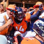 DENVER, CO - SEPTEMBER 29:  Courtland Sutton #14 of the Denver Broncos celebrates after leaping into the stands after scoring a second quarter touchdown against the Jacksonville Jaguars at Empower Field at Mile High on September 29, 2019 in Denver, Colorado. (Photo by Dustin Bradford/Getty Images)
