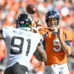 DENVER, CO - SEPTEMBER 29:  Joe Flacco #5 of the Denver Broncos passes against the Jacksonville Jaguars in the second quarter of a game at Empower Field at Mile High on September 29, 2019 in Denver, Colorado. (Photo by Dustin Bradford/Getty Images)