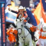 DENVER, CO - SEPTEMBER 29:  Equestrian Ann Judge-Wegener rides Denver Broncos mascot "Thunder" out of the tunnel during player introductions before a game against the Jacksonville Jaguars at Empower Field at Mile High on September 29, 2019 in Denver, Colorado. (Photo by Justin Edmonds/Getty Images)
