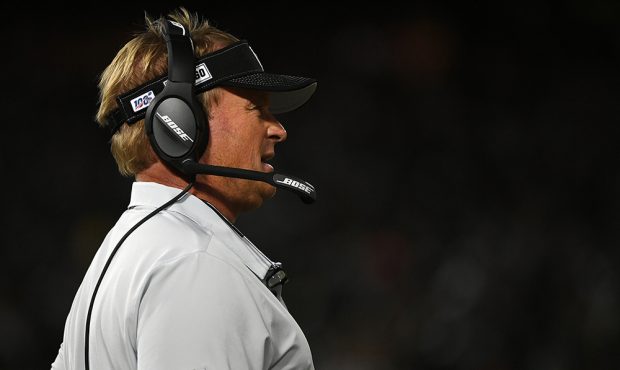 Head coach Jon Gruden of the Oakland Raiders looks on during their NFL game against the Denver Bron...