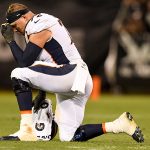 Garett Bolles (72) of the Denver Broncos rests during an injury timeout against the Oakland Raiders during the second half of the Raiders' 24-16 win on Monday, September 9, 2019. (Photo by AAron Ontiveroz/The Denver Post)