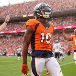 DENVER, COLORADO - SEPTEMBER 15: Emmanuel Sanders #10 of the Denver Broncos celebrates a two point conversion late in the fourth quarter against the Chicago Bears at Empower Field at Mile High on September 15, 2019 in Denver, Colorado. (Photo by Matthew Stockman/Getty Images)
