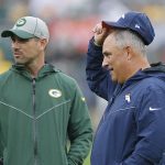 GREEN BAY, WISCONSIN - SEPTEMBER 22: Head coach Matt LaFleur of the Green Bay Packers with head coach Vic Fangio of the Denver Broncos prior to the game at Lambeau Field on September 22, 2019 in Green Bay, Wisconsin. (Photo by Nuccio DiNuzzo/Getty Images)