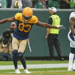 GREEN BAY, WISCONSIN - SEPTEMBER 22: Marquez Valdes-Scantling #83 of the Green Bay Packers dances in the endzone following his touchdown in the first quarter against the Denver Broncos at Lambeau Field on September 22, 2019 in Green Bay, Wisconsin. (Photo by Nuccio DiNuzzo/Getty Images)