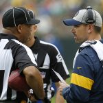 GREEN BAY, WISCONSIN - SEPTEMBER 22: Head coach Matt LaFleur of the Green Bay Packers speaks with back judge Greg Steed #12 during the second half against the Denver Broncos at Lambeau Field on September 22, 2019 in Green Bay, Wisconsin. (Photo by Nuccio DiNuzzo/Getty Images)
