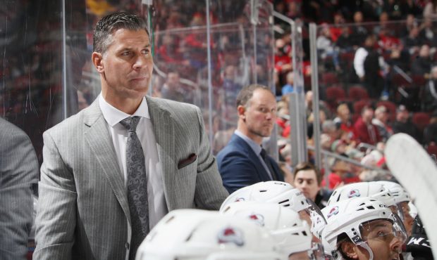 Head Coach Jared Bednar of the Colorado Avalanche works the game against the New Jersey Devils at t...