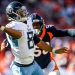 DENVER, CO - OCTOBER 13:  Marcus Mariota #8 of the Tennessee Titans passes under pressure from Von Miller #58 of the Denver Broncos in the second quarter at Empower Field at Mile High on October 13, 2019 in Denver, Colorado. (Photo by Dustin Bradford/Getty Images)