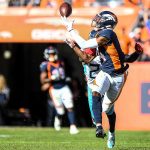 DENVER, CO - OCTOBER 13:  Courtland Sutton #14 of the Denver Broncos comes down with a 40-yard reception for a first down against the Tennessee Titans in the second quarter at Empower Field at Mile High on October 13, 2019 in Denver, Colorado. (Photo by Dustin Bradford/Getty Images)