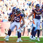 DENVER, CO - OCTOBER 13:  Phillip Lindsay #30 of the Denver Broncos and teammates celebrate after a third-quarter touchdown against the Tennessee Titans at Empower Field at Mile High on October 13, 2019 in Denver, Colorado. (Photo by Dustin Bradford/Getty Images)