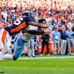 DENVER, CO - OCTOBER 13:  Chris Harris #25 of the Denver Broncos breaks up a pass intended for A.J. Brown #11 of the Tennessee Titans in the fourth quarter at Empower Field at Mile High on October 13, 2019 in Denver, Colorado. (Photo by Dustin Bradford/Getty Images)
