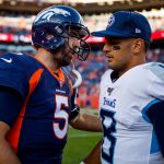 DENVER, CO - OCTOBER 13:  Quarterback Joe Flacco #5 of the Denver Broncos talks with quarterback Marcus Mariota #8 of the Tennessee Titans after the game at Empower Field at Mile High on October 13, 2019 in Denver, Colorado. The Broncos defeated the Titans 16-0. (Photo by Justin Edmonds/Getty Images)