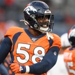 DENVER, CO - OCTOBER 17:  Von Miller #58 of the Denver Broncos warms up before a game against the Kansas City Chiefs at Empower Field at Mile High on October 17, 2019 in Denver, Colorado. (Photo by Dustin Bradford/Getty Images)