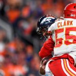 DENVER, CO - OCTOBER 17:  Joe Flacco #5 of the Denver Broncos is sacked by Frank Clark #55 of the Kansas City Chiefs in the second quarter of a game at Empower Field at Mile High on October 17, 2019 in Denver, Colorado. (Photo by Dustin Bradford/Getty Images)
