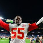 DENVER, CO - OCTOBER 17:  Frank Clark #55 of the Kansas City Chiefs celebrates a 30-6 win over the Denver Broncos at Empower Field at Mile High on October 17, 2019 in Denver, Colorado. (Photo by Dustin Bradford/Getty Images)