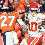 DENVER, CO - OCTOBER 17:  Tyreek Hill #10 of the Kansas City Chiefs runs enroute to scoring a third-quarter touchdown against the Denver Broncos as Davontae Harris #27 of the Denver Broncos attempts to cover the play at Empower Field at Mile High on October 17, 2019 in Denver, Colorado. (Photo by Dustin Bradford/Getty Images)