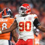 DENVER, CO - OCTOBER 17:  Emmanuel Ogbah #90 of the Kansas City Chiefs celebrates after blocking a pass attempt against the Denver Broncos in the third quarter at Empower Field at Mile High on October 17, 2019 in Denver, Colorado. (Photo by Dustin Bradford/Getty Images)
