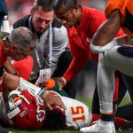 DENVER, CO - OCTOBER 17:  Patrick Mahomes #15 of the Kansas City Chiefs is tended to by trainers after sustaining an injury in the second quarter of a game against the Denver Broncos at Empower Field at Mile High on October 17, 2019 in Denver, Colorado. (Photo by Dustin Bradford/Getty Images)