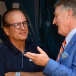 Los Angeles Chargers owner, Dean Spanos, speaks with President of the Denver Broncos, Joe Ellis before the game at Dignity Health Sports Park on October 06, 2019 in Carson, California. (Photo by Harry How/Getty Images)