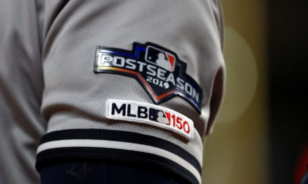 HOUSTON, TEXAS - OCTOBER 12: A view of the patches on the New York Yankees uniform in game one of t...