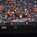DENVER, CO - OCTOBER 13: Former Denver Broncos cornerback Champ Bailey's name is revealed during the ring of fame induction halftime presentation on Sunday, October 13, 2019 at Empower Field at Mile High. The Denver Broncos hosted the Tennessee Titans for the game. (Photo by Eric Lutzens/The Denver Post)