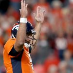 DENVER, COLORADO - OCTOBER 17: Quarterback  Joe Flacco #5 of the Denver Broncos  celebrates the teams first touchdown in the first quarter over the Kansas City Chiefs at Broncos Stadium at Mile High on October 17, 2019 in Denver, Colorado. (Photo by Matthew Stockman/Getty Images)