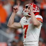 DENVER, COLORADO - OCTOBER 17: Harrison Butker #7 of the Kansas City Chiefs kicks celebrates his first field goal in the first quarter over the Denver Broncos in the game at Broncos Stadium at Mile High on October 17, 2019 in Denver, Colorado. (Photo by Matthew Stockman/Getty Images)