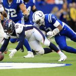 INDIANAPOLIS, INDIANA - OCTOBER 27:  Malik Reed #59 of the Denver Broncos reaches to recover a fumble by Jacoby Brissett #7 of the Indianapolis Colts at Lucas Oil Stadium on October 27, 2019 in Indianapolis, Indiana. (Photo by Andy Lyons/Getty Images)