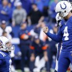 INDIANAPOLIS, INDIANA - OCTOBER 27: Adam Vinatieri #4 and Rigoberto Sanchez #8 of the Indianapolis Colts celebrate after the winning field goal in the game against the Denver Broncos during the fourth quarter at Lucas Oil Stadium on October 27, 2019 in Indianapolis, Indiana. (Photo by Justin Casterline/Getty Images)